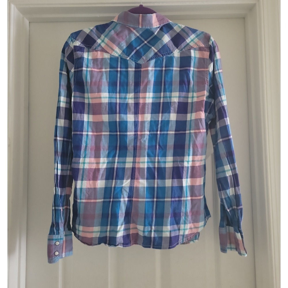 American Eagle Outfitters Womens Blue Pink Plaid Western Snap Button Shirt L - Picture 2 of 8